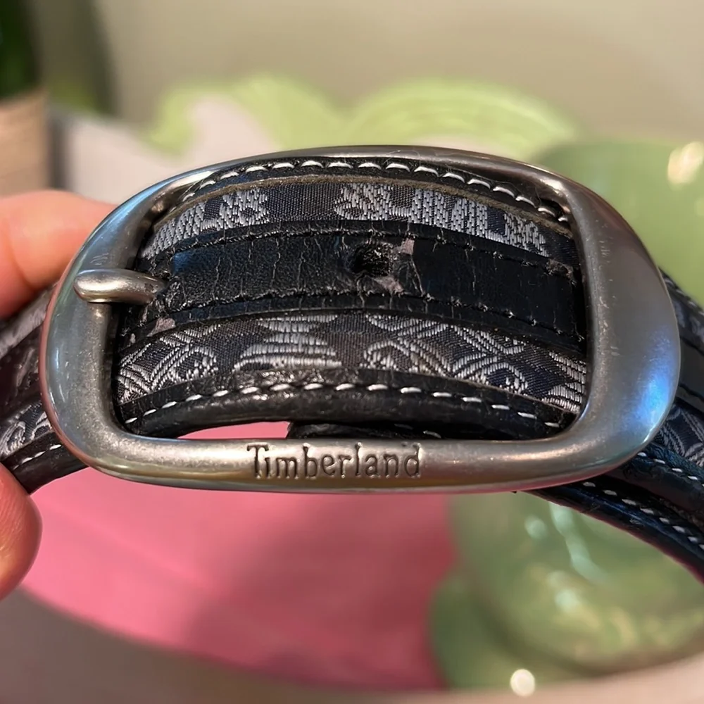 Timberland Black Leather Belt Grey Fabric Tree Logo 1743-001